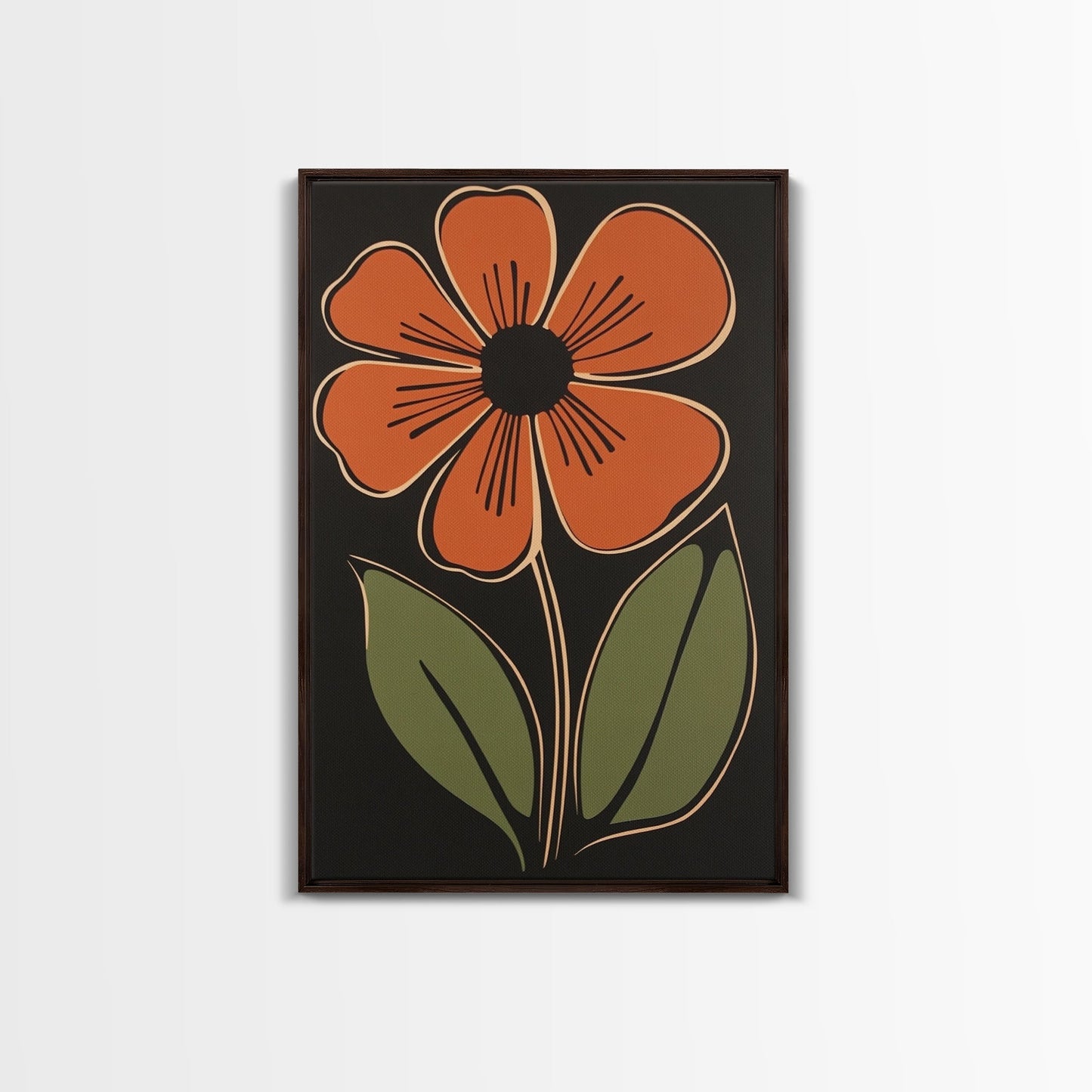 Mid Century Modern Floral Print, Orange Flower on Black Background, Framed Canvas Print - Armand’s Maison & Marché