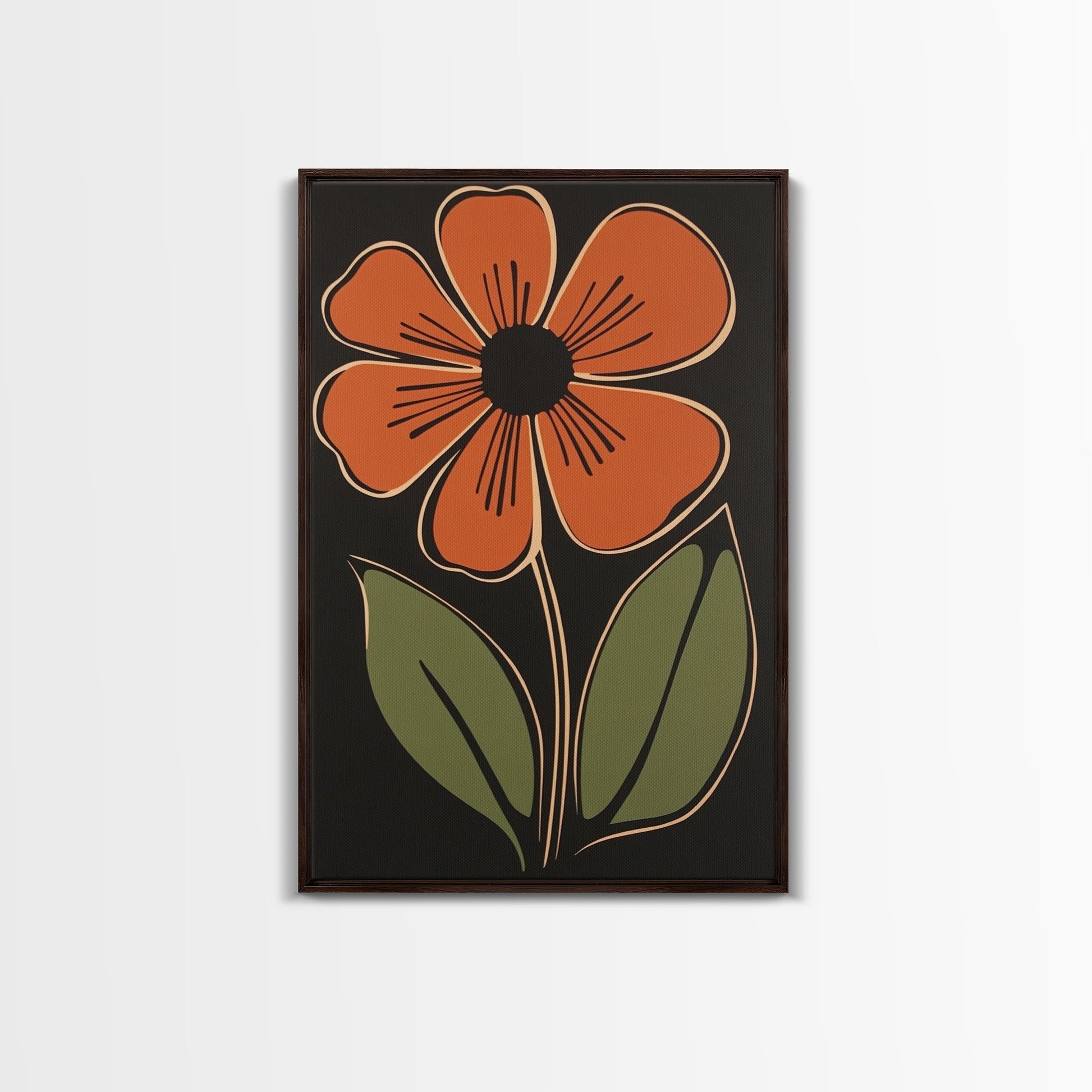 Mid Century Modern Floral Print, Orange Flower on Black Background, Framed Canvas Print - Armand’s Maison & Marché