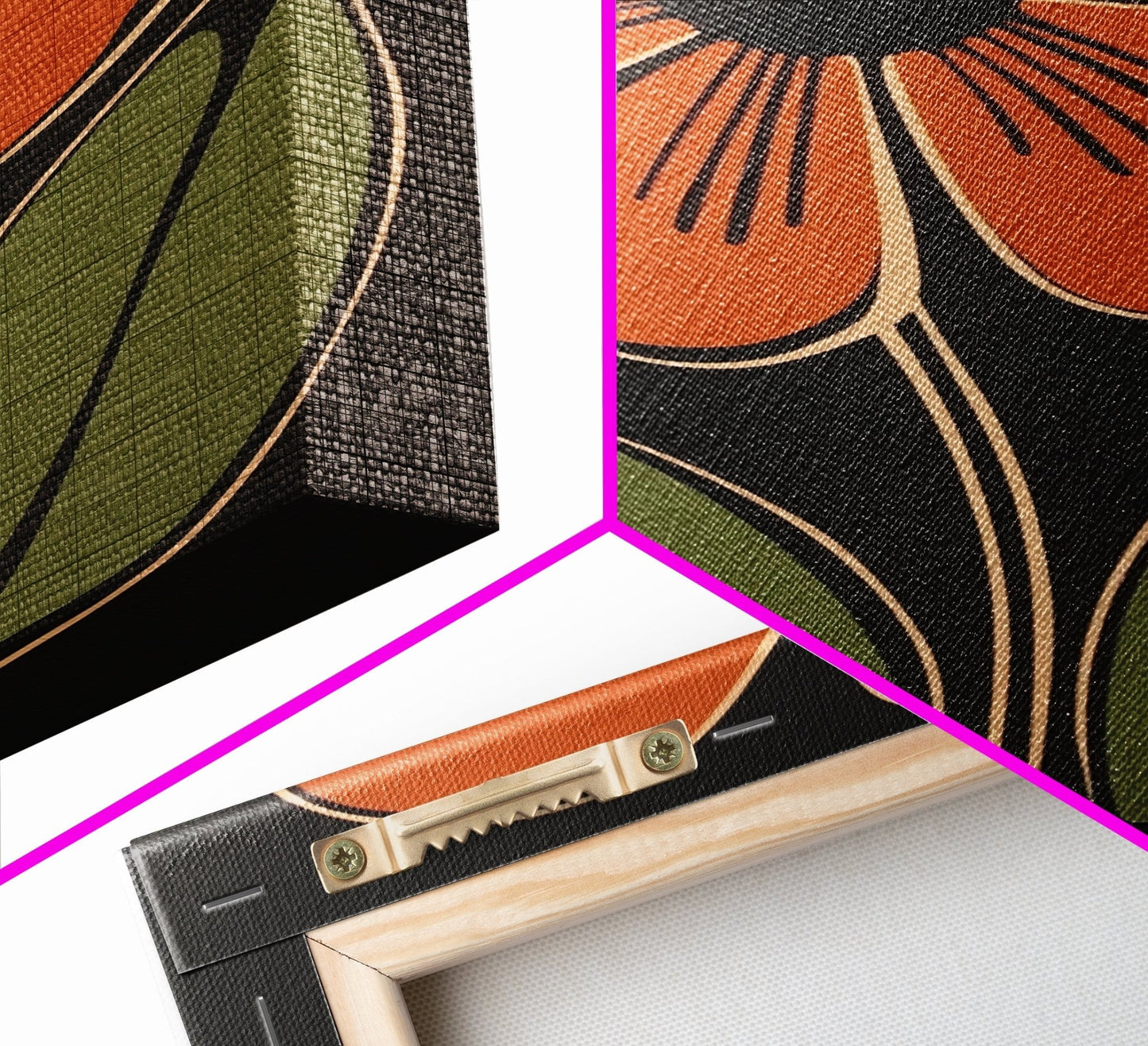 Mid Century Modern Floral Print, Orange Flower on Black Background, Framed Canvas Print - Armand’s Maison & Marché