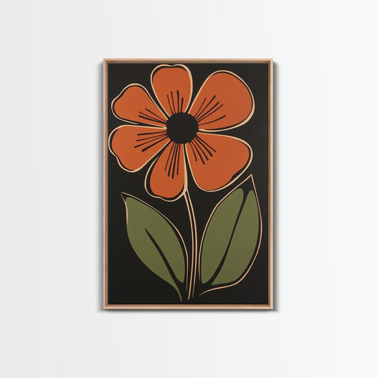 Mid Century Modern Floral Print, Orange Flower on Black Background, Framed Canvas Print - Armand’s Maison & Marché