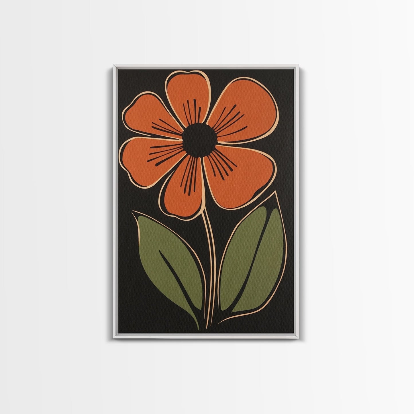 Mid Century Modern Floral Print, Orange Flower on Black Background, Framed Canvas Print - Armand’s Maison & Marché