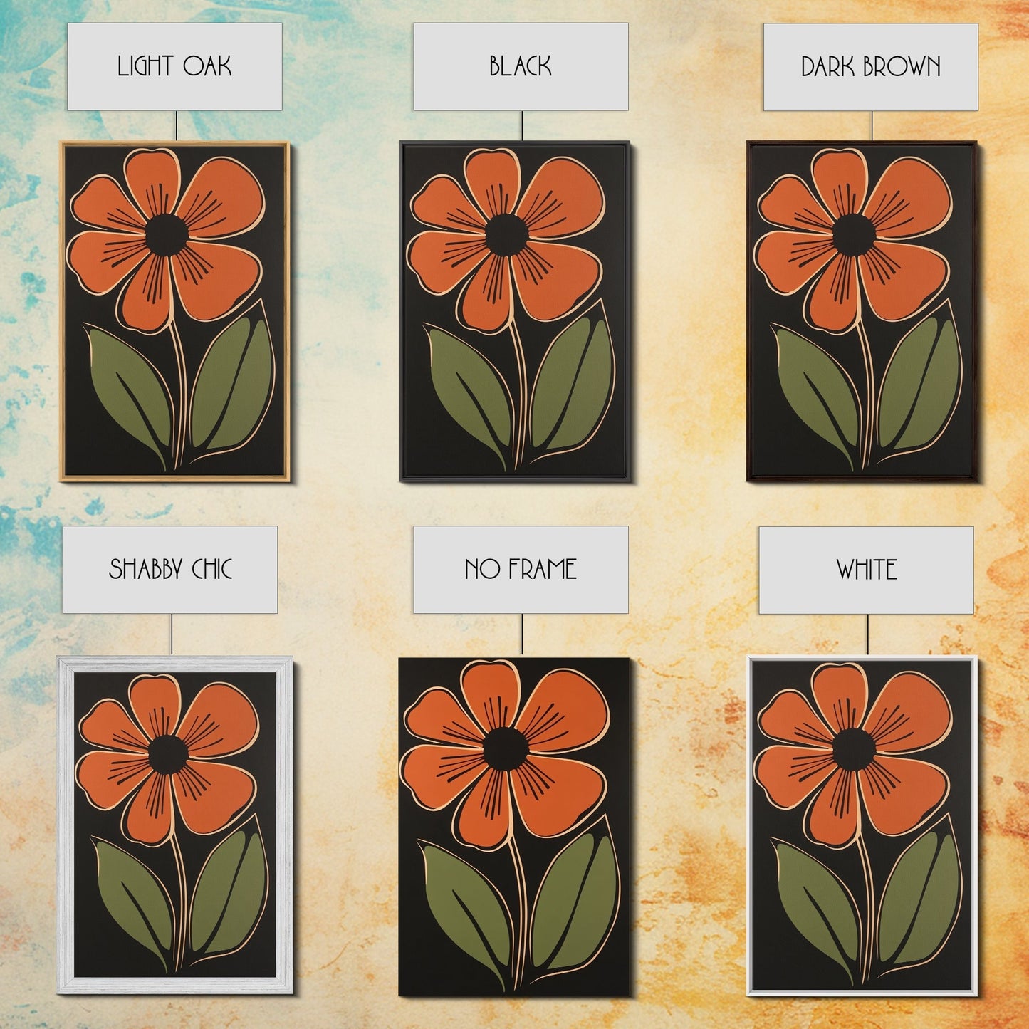 Mid Century Modern Floral Print, Orange Flower on Black Background, Framed Canvas Print - Armand’s Maison & Marché