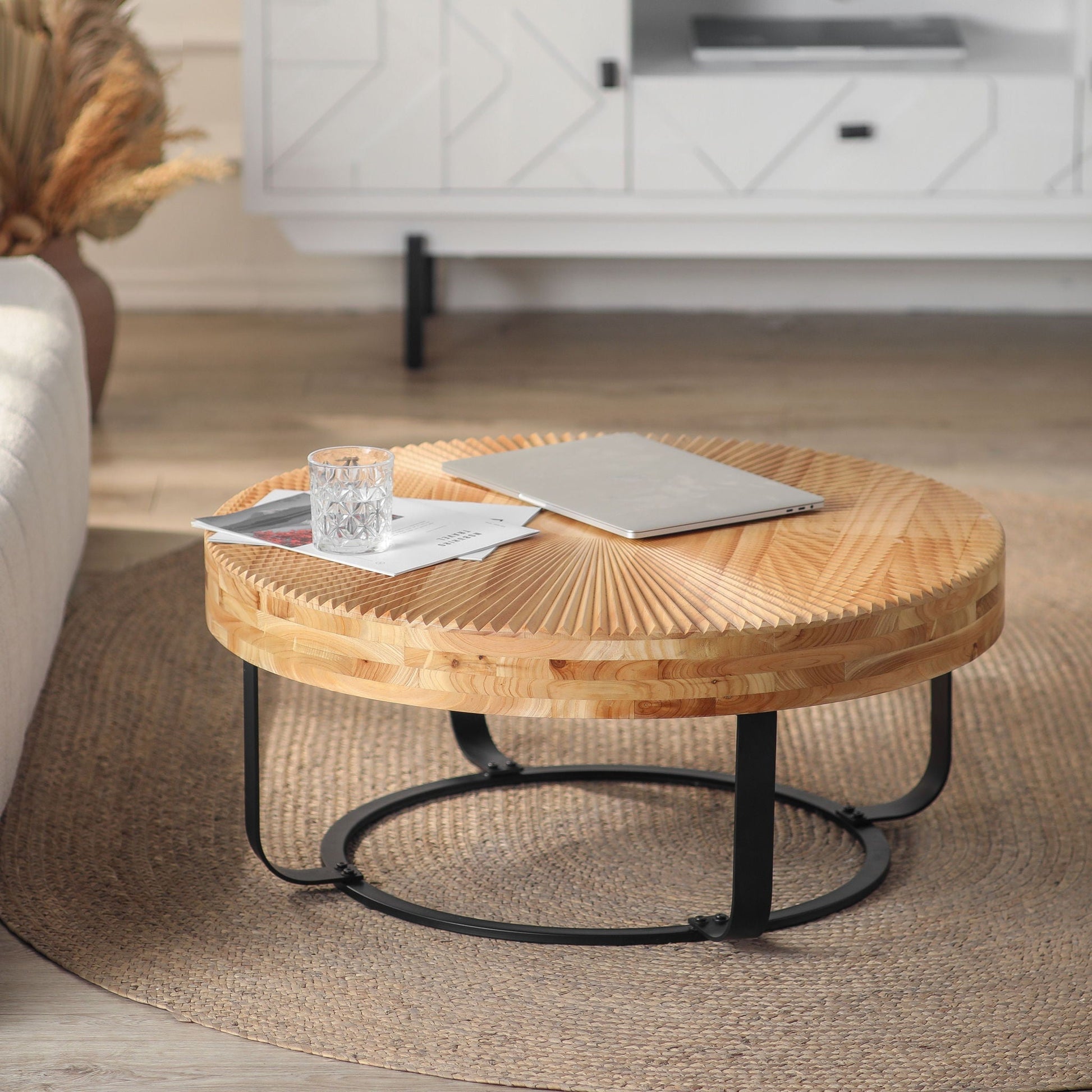 Modern Round Coffee Table With Wooden Carving Pattern - Armand’s Maison & Marché