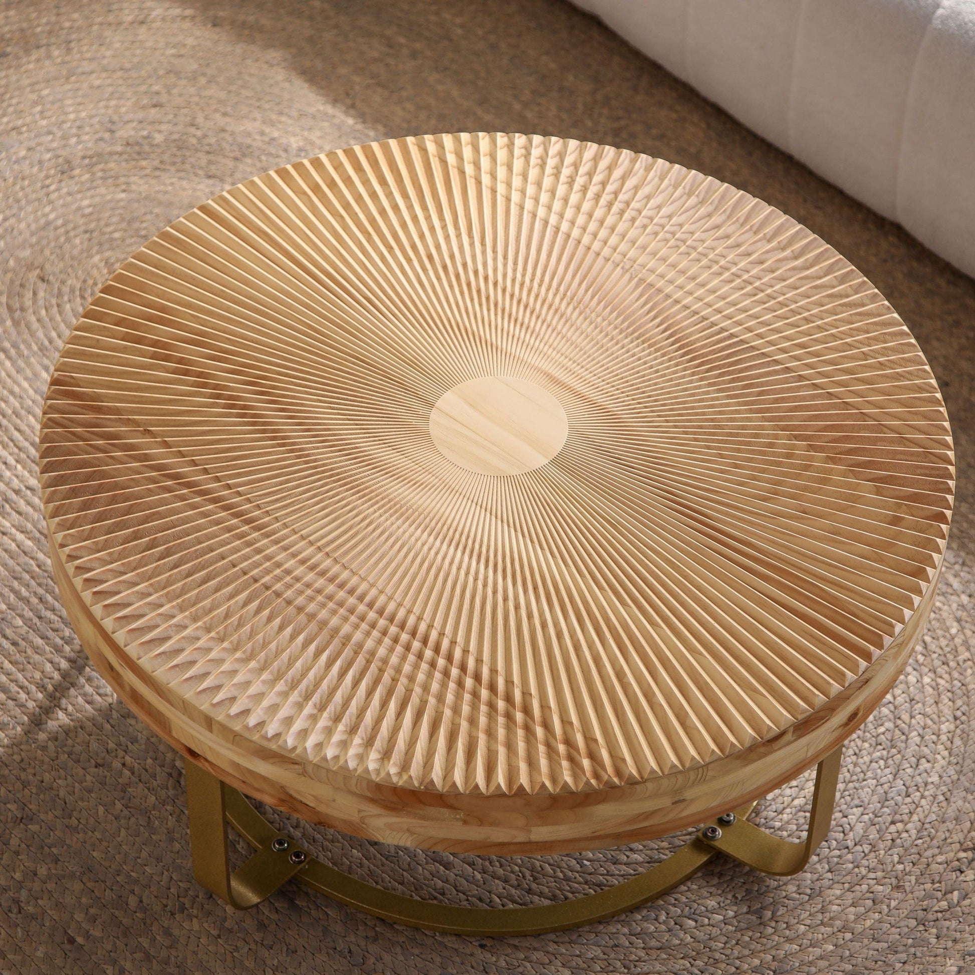 Modern Round Coffee Table With Wooden Carving Pattern - Armand’s Maison & Marché