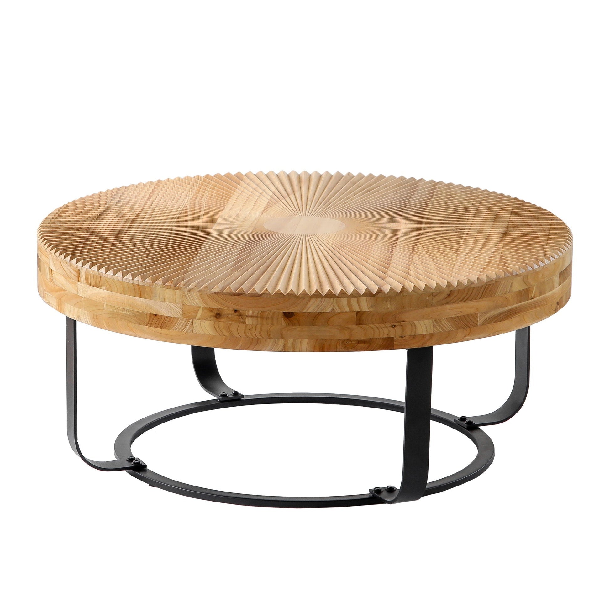 Modern Round Coffee Table With Wooden Carving Pattern - Armand’s Maison & Marché