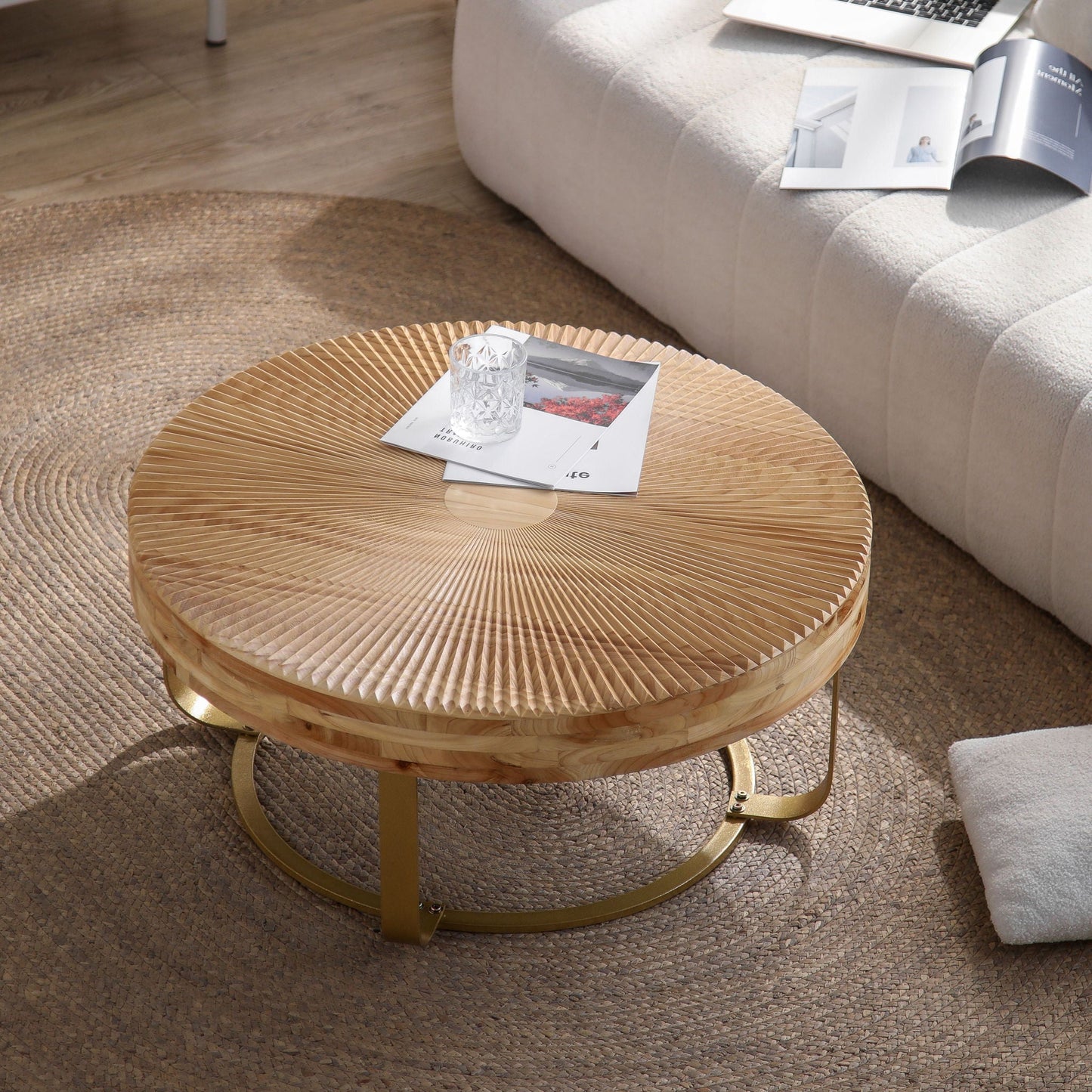 Modern Round Coffee Table With Wooden Carving Pattern - Armand’s Maison & Marché