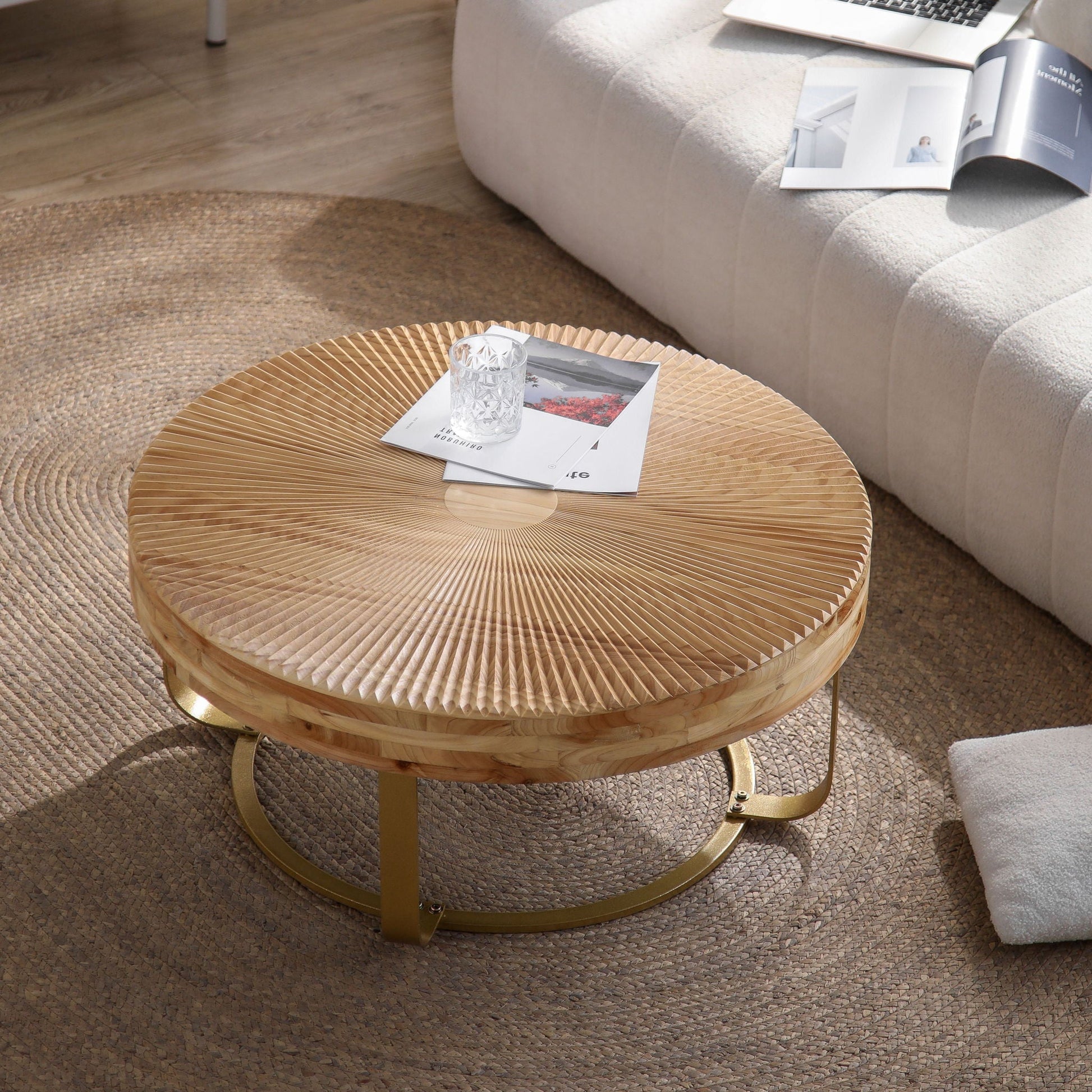 Modern Round Coffee Table With Wooden Carving Pattern - Armand’s Maison & Marché