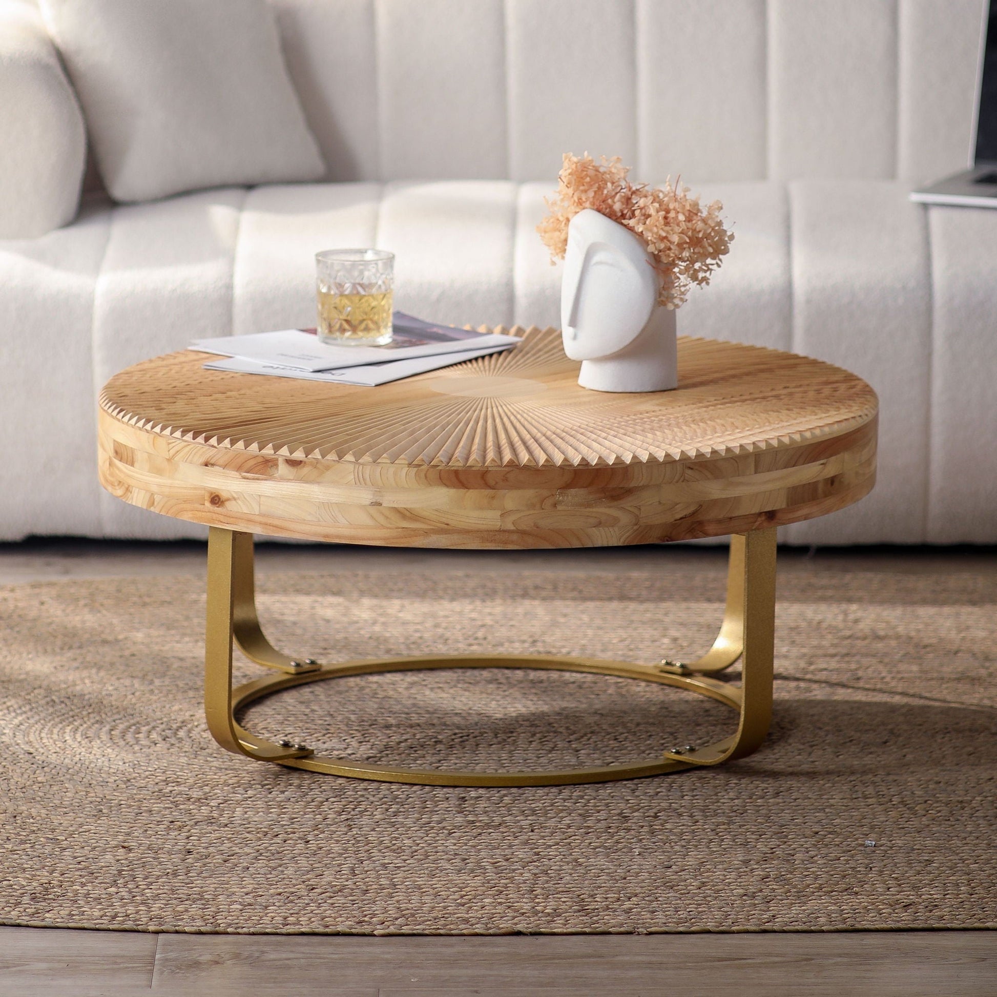 Modern Round Coffee Table With Wooden Carving Pattern - Armand’s Maison & Marché