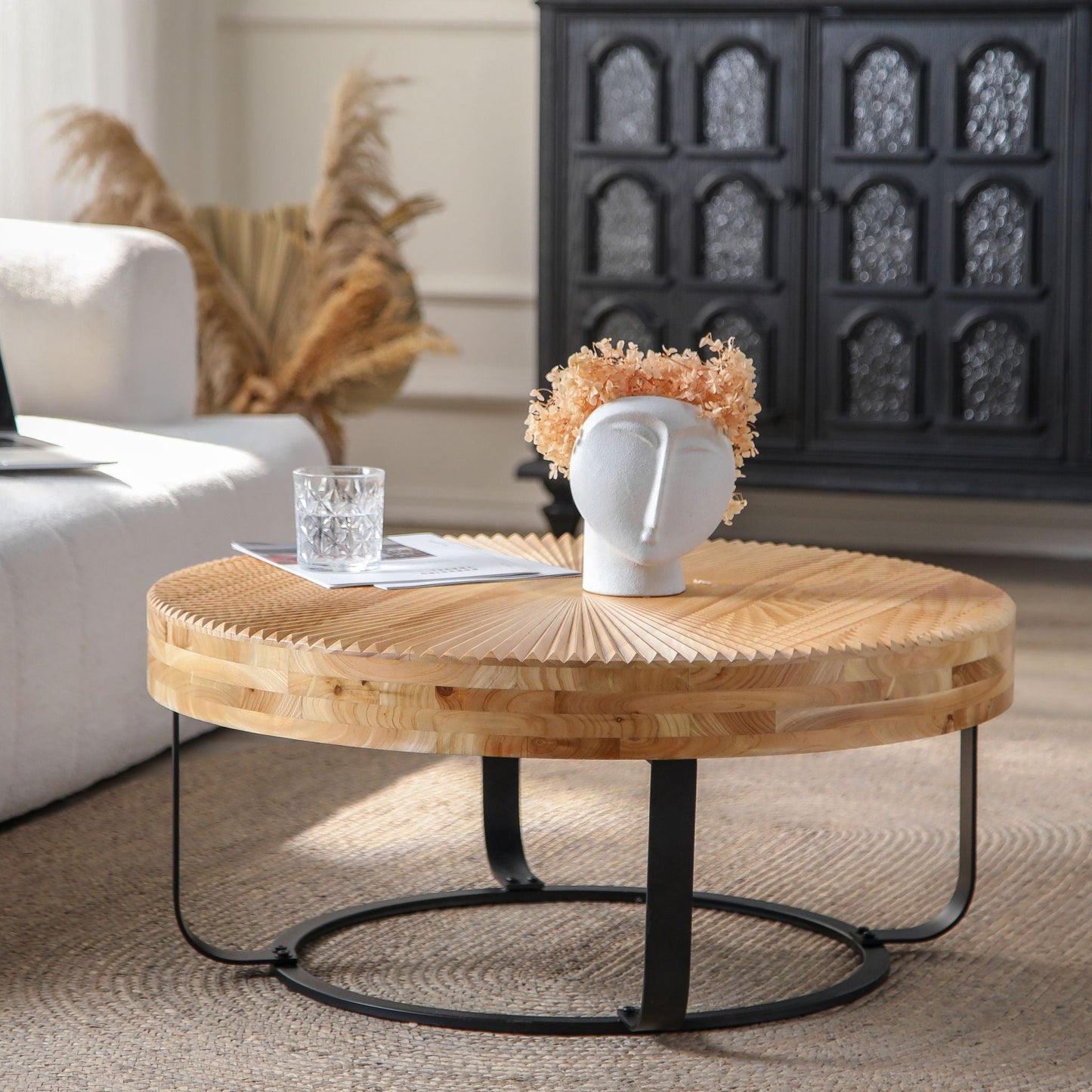 Modern Round Coffee Table With Wooden Carving Pattern - Armand’s Maison & Marché