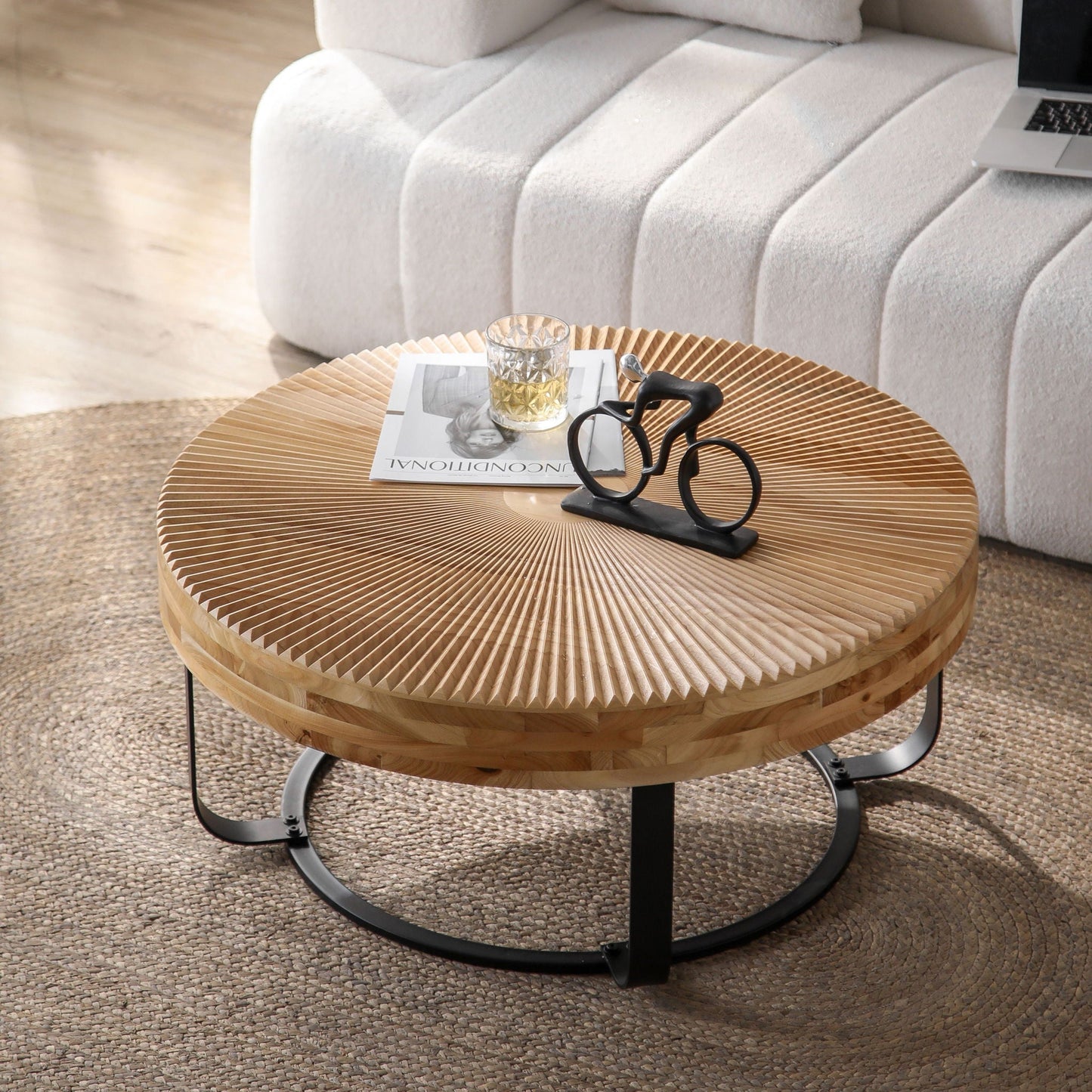 Modern Round Coffee Table With Wooden Carving Pattern - Armand’s Maison & Marché