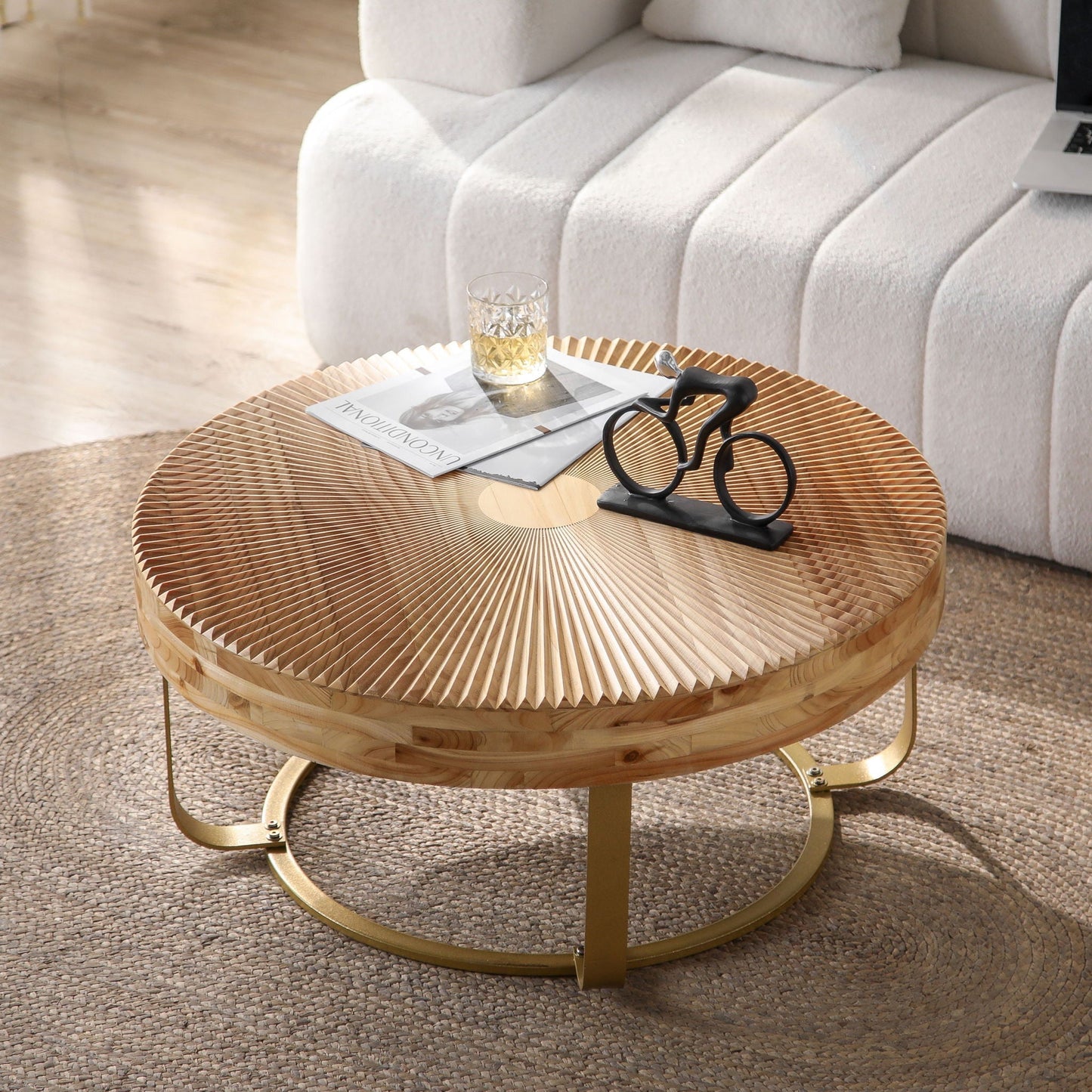 Modern Round Coffee Table With Wooden Carving Pattern - Armand’s Maison & Marché