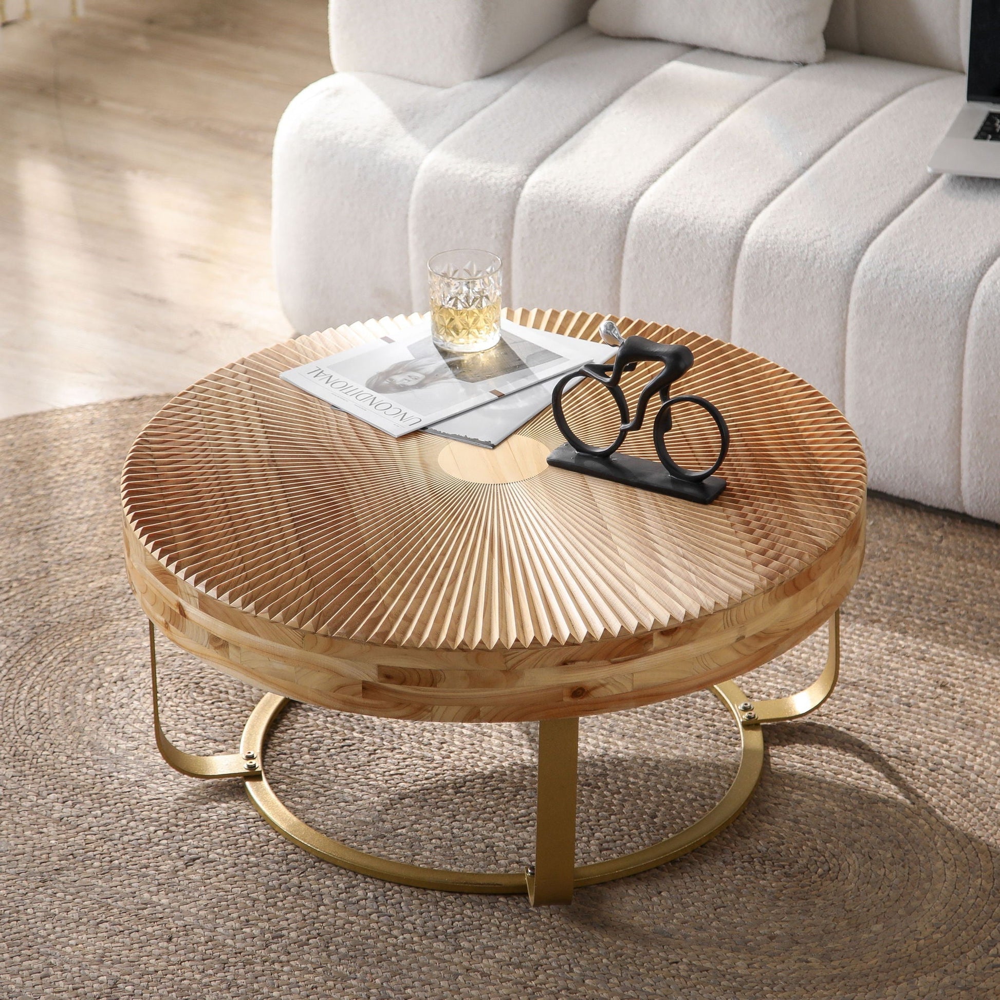 Modern Round Coffee Table With Wooden Carving Pattern - Armand’s Maison & Marché