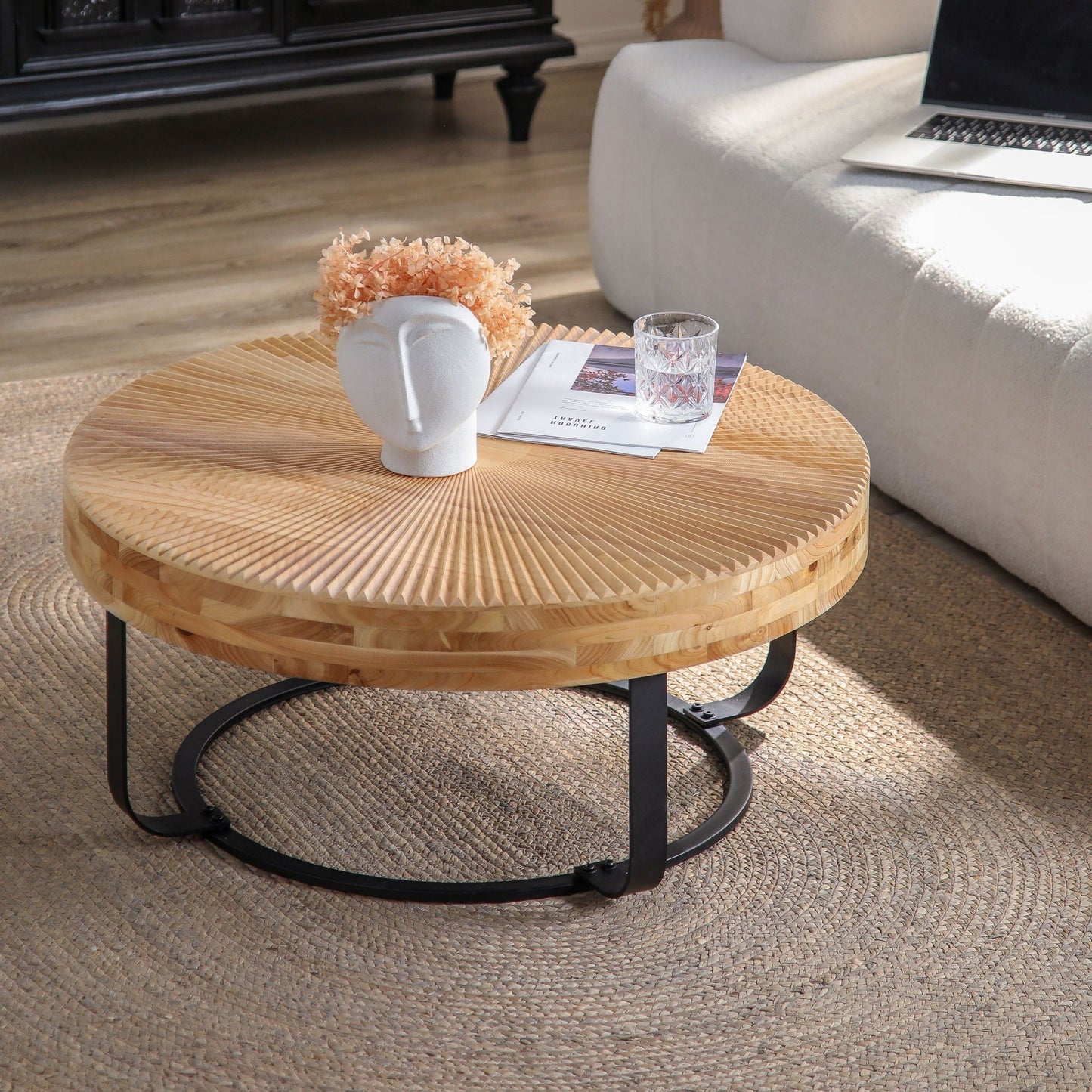 Modern Round Coffee Table With Wooden Carving Pattern - Armand’s Maison & Marché