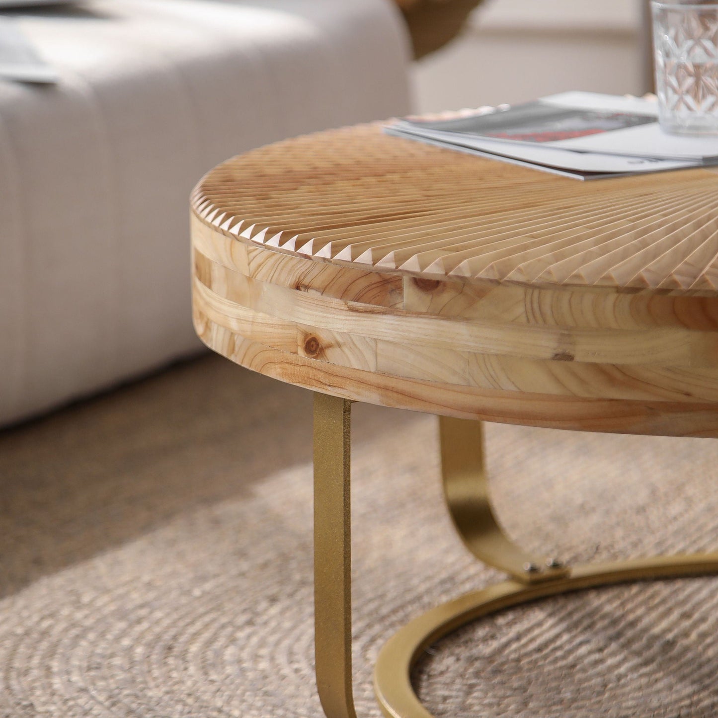 Modern Round Coffee Table With Wooden Carving Pattern - Armand’s Maison & Marché