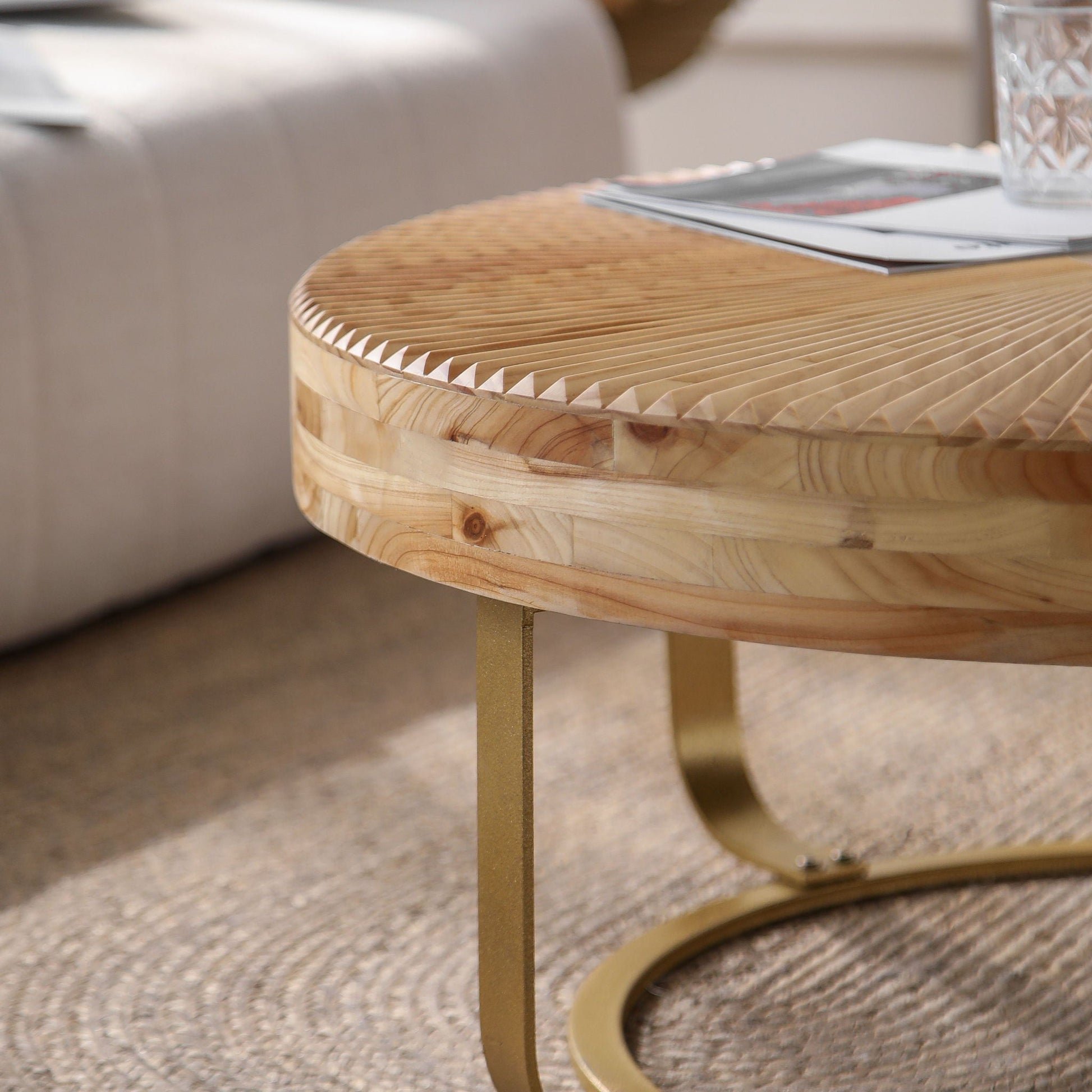 Modern Round Coffee Table With Wooden Carving Pattern - Armand’s Maison & Marché