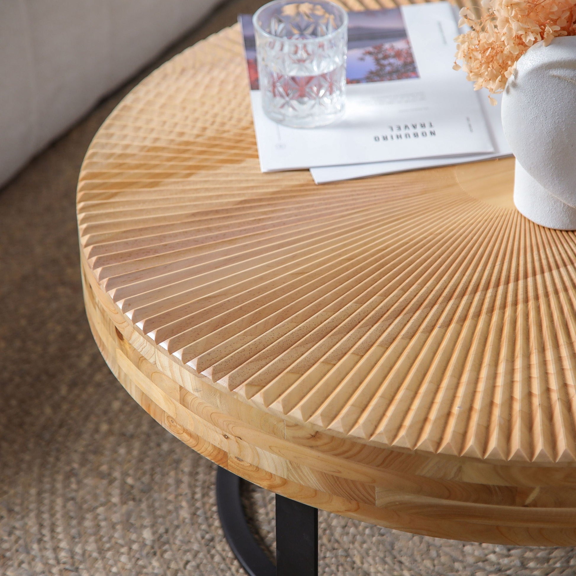 Modern Round Coffee Table With Wooden Carving Pattern - Armand’s Maison & Marché
