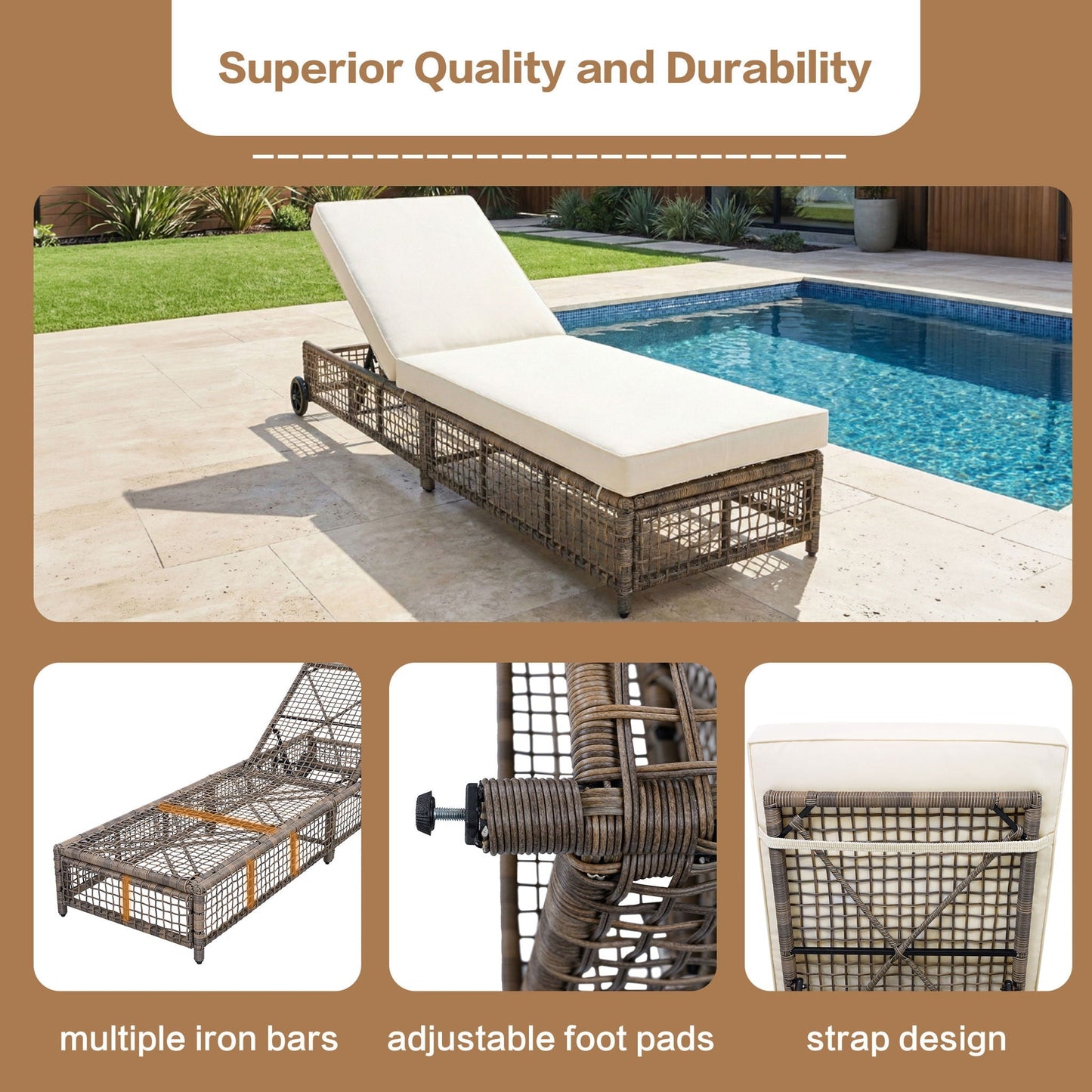 Outdoor Lounge Chair With 5 Position Backrest With Cushion And Wheels - Armand’s Maison & Marché