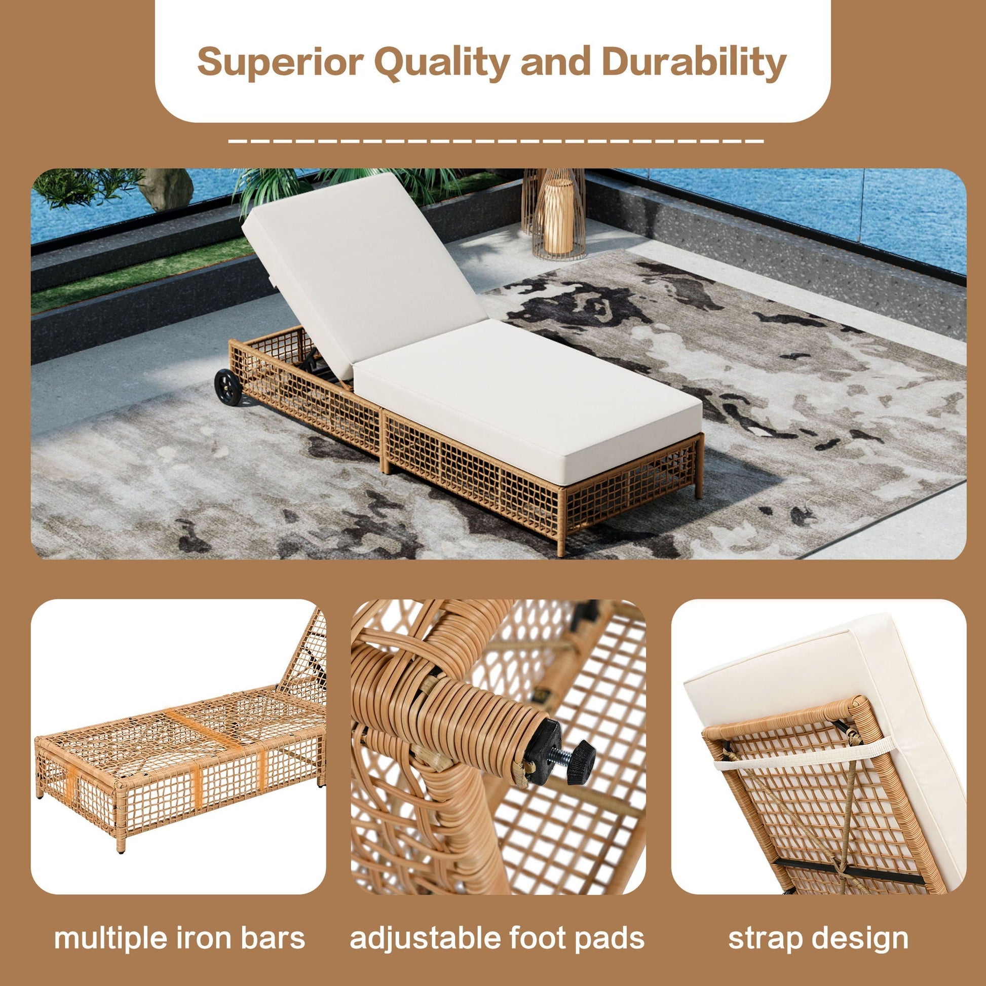 Outdoor Lounge Chair With 5 Position Backrest With Cushion And Wheels - Armand’s Maison & Marché