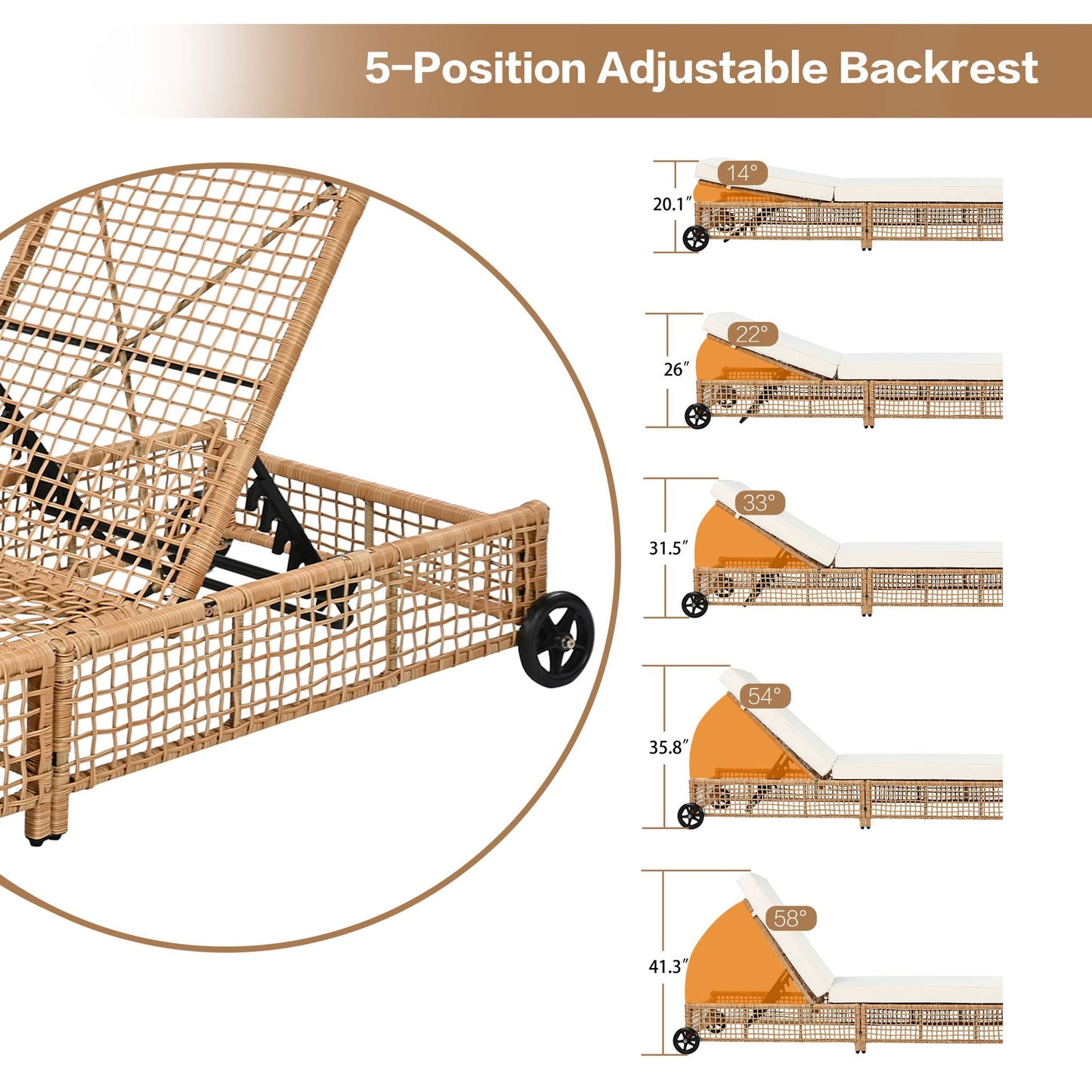 Outdoor Lounge Chair With 5 Position Backrest With Cushion And Wheels - Armand’s Maison & Marché