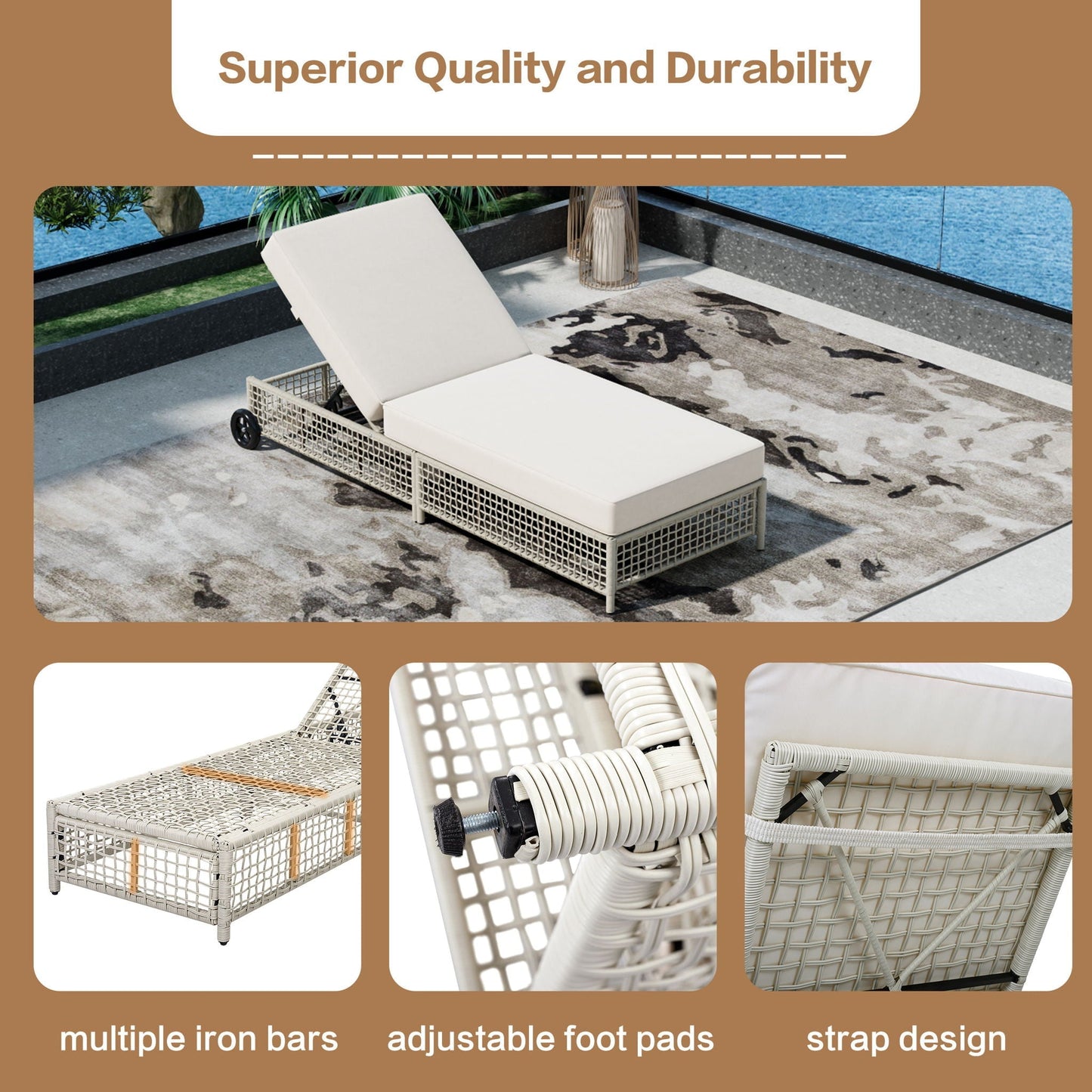 Outdoor Lounge Chair With 5 Position Backrest With Cushion And Wheels - Armand’s Maison & Marché
