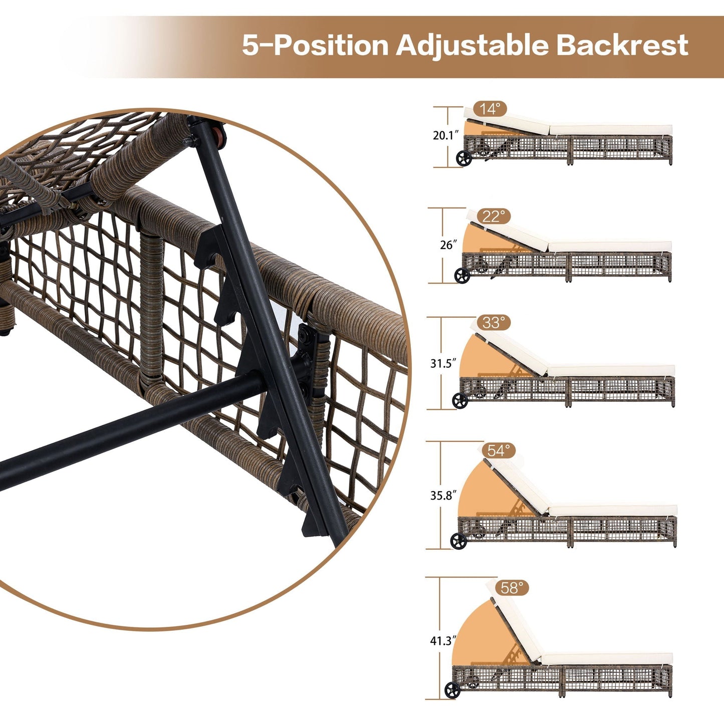 Outdoor Lounge Chair With 5 Position Backrest With Cushion And Wheels - Armand’s Maison & Marché