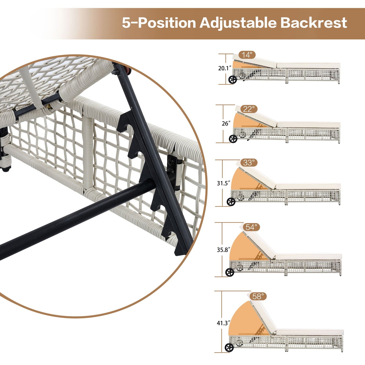 Outdoor Lounge Chair With 5 Position Backrest With Cushion And Wheels - Armand’s Maison & Marché