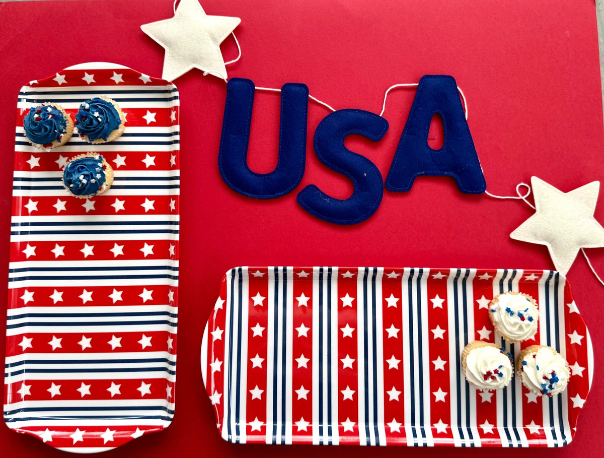 Patriotic Stars and Stripes Melamine Tray Reusable Party Platter for Snacks, Appetizers & Desserts - Armand’s Maison & Marché