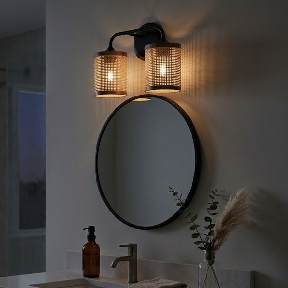 Quell - Double Light Vanity With Natural Shade Wall Lamp - Black / Rattan - Armand’s Maison & Marché