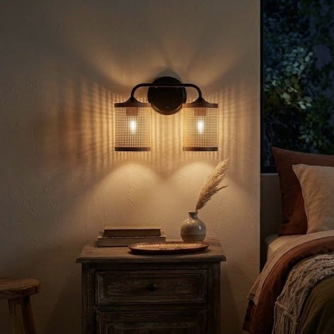 Quell - Double Light Vanity With Natural Shade Wall Lamp - Black / Rattan - Armand’s Maison & Marché