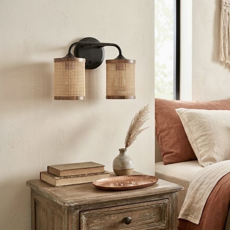 Quell - Double Light Vanity With Natural Shade Wall Lamp - Black / Rattan - Armand’s Maison & Marché