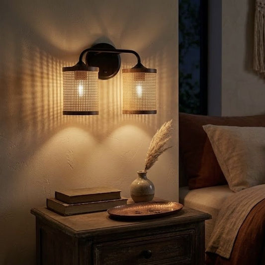 Quell - Double Light Vanity With Natural Shade Wall Lamp - Black / Rattan - Armand’s Maison & Marché