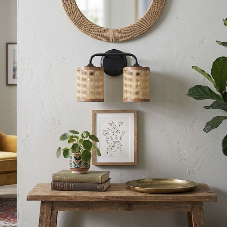 Quell - Double Light Vanity With Natural Shade Wall Lamp - Black / Rattan - Armand’s Maison & Marché