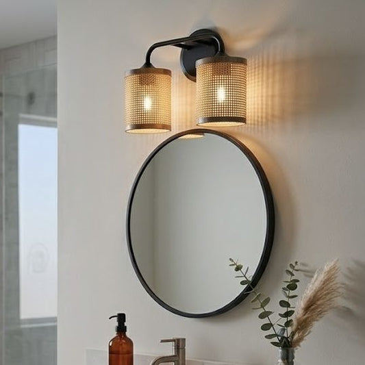 Quell - Double Light Vanity With Natural Shade Wall Lamp - Black / Rattan - Armand’s Maison & Marché