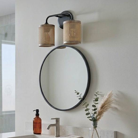 Quell - Double Light Vanity With Natural Shade Wall Lamp - Black / Rattan - Armand’s Maison & Marché