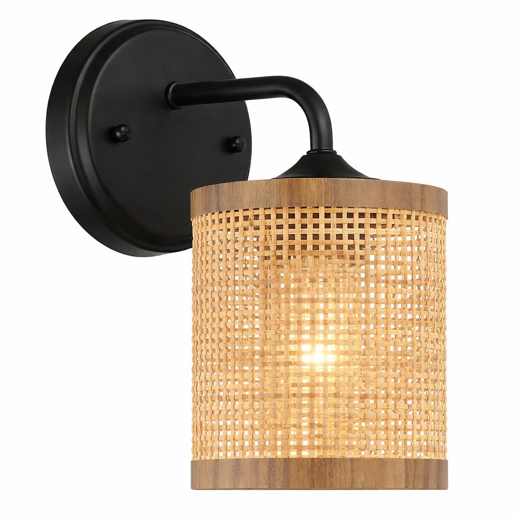 Reef - Single Lights Wall Sconce With Natural Shade Rustic Wicker Wall Light - Black / Rattan - Armand’s Maison & Marché