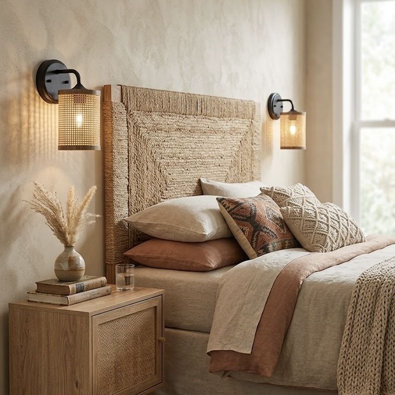 Reef - Single Lights Wall Sconce With Natural Shade Rustic Wicker Wall Light - Black / Rattan - Armand’s Maison & Marché