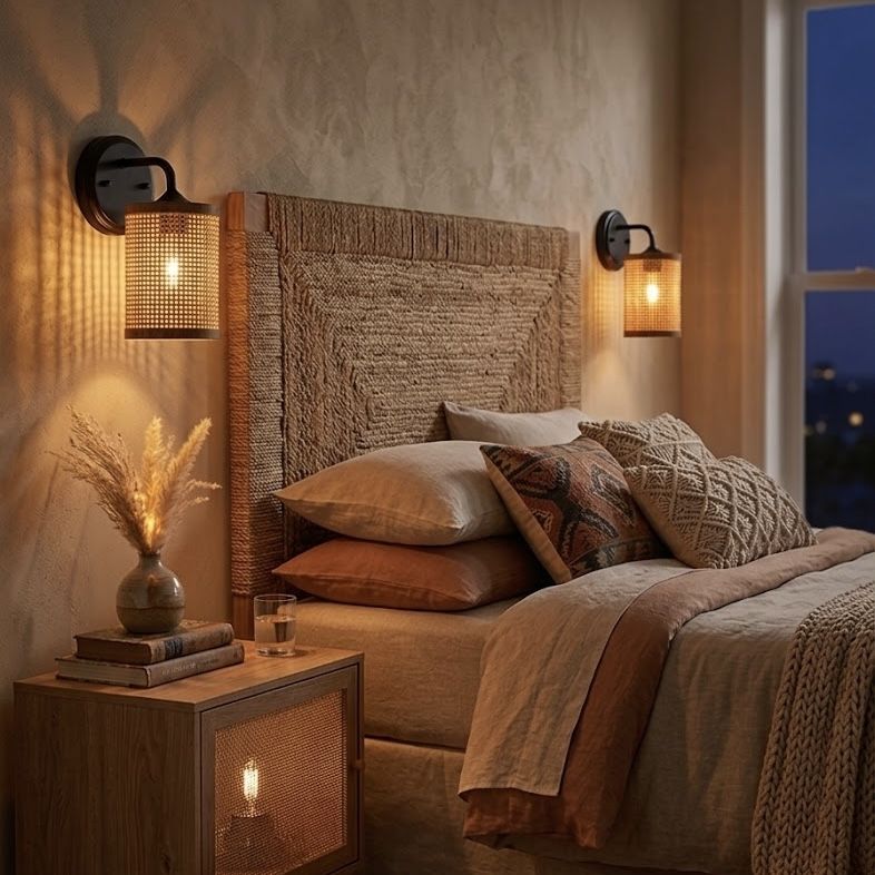 Reef - Single Lights Wall Sconce With Natural Shade Rustic Wicker Wall Light - Black / Rattan - Armand’s Maison & Marché