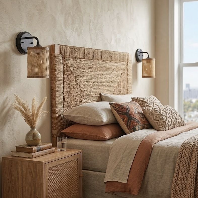 Reef - Single Lights Wall Sconce With Natural Shade Rustic Wicker Wall Light - Black / Rattan - Armand’s Maison & Marché