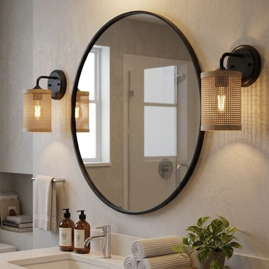 Reef - Single Lights Wall Sconce With Natural Shade Rustic Wicker Wall Light - Black / Rattan - Armand’s Maison & Marché