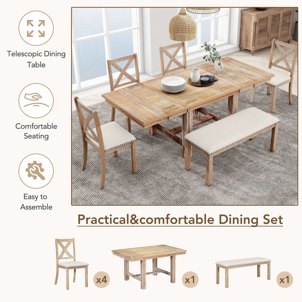 TOPMAX Farmhouse 82-Inch 6-Piece Extendable Dining Set - Armand’s Maison & Marché
