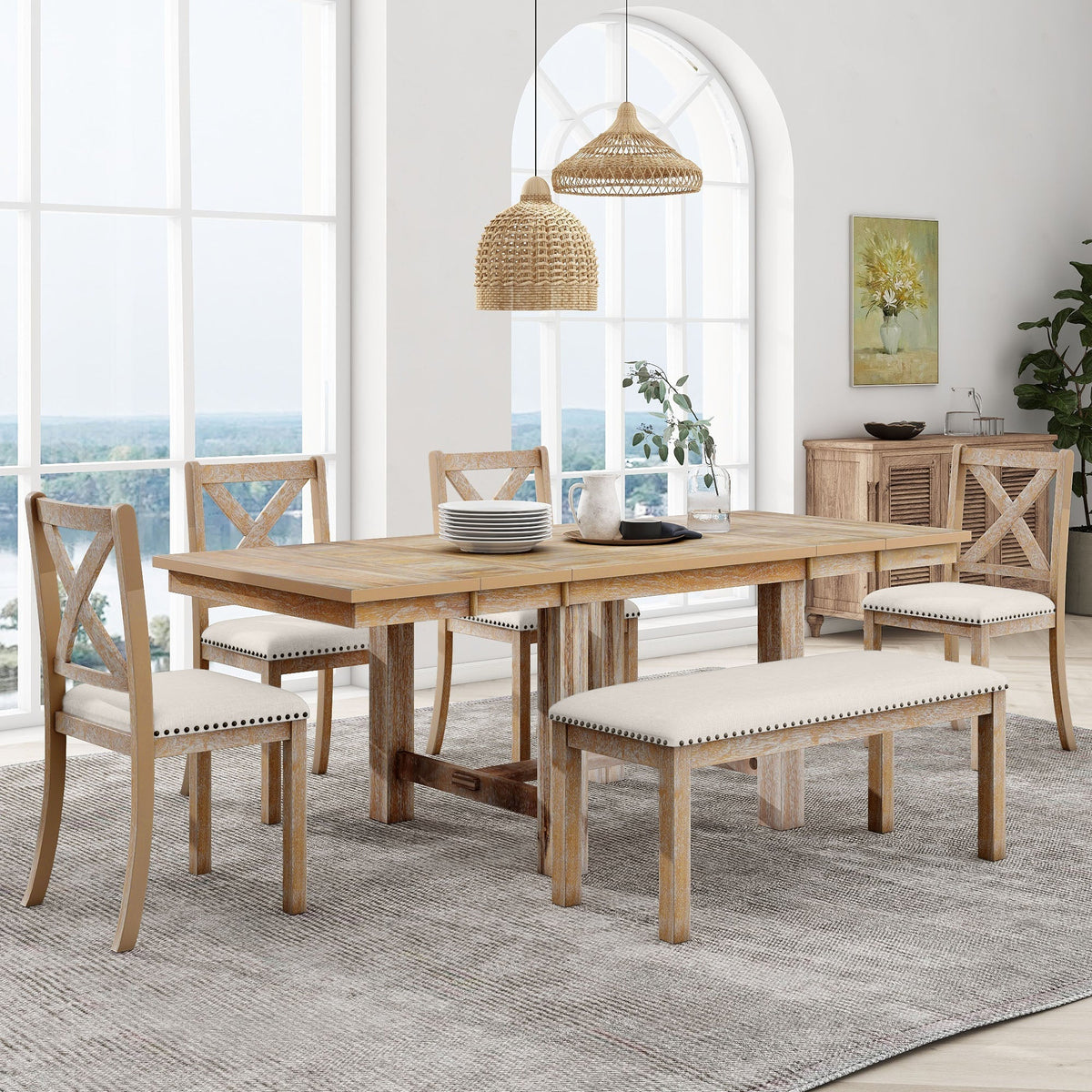 TOPMAX Farmhouse 82-Inch 6-Piece Extendable Dining Set - Armand’s Maison & Marché
