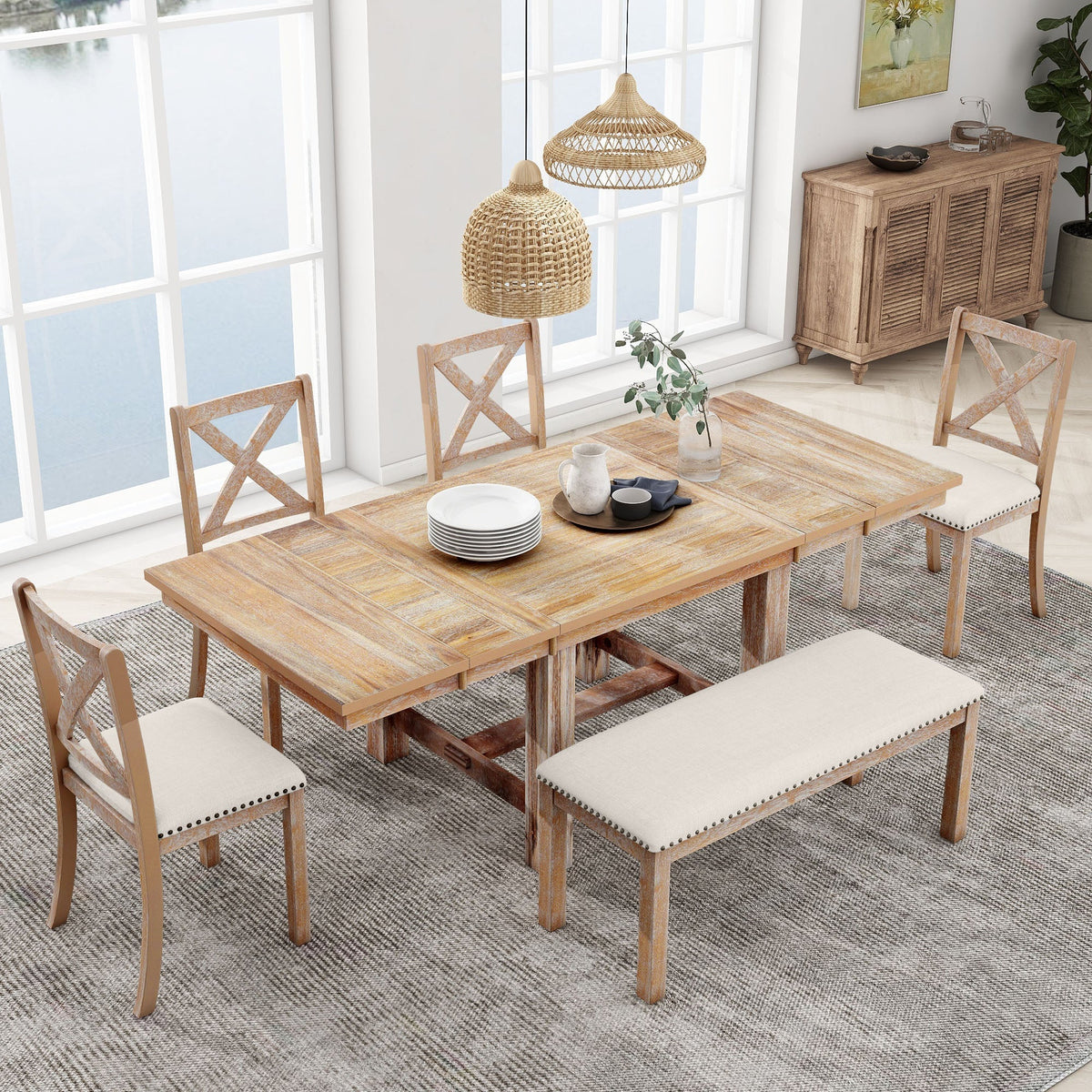 TOPMAX Farmhouse 82-Inch 6-Piece Extendable Dining Set - Armand’s Maison & Marché