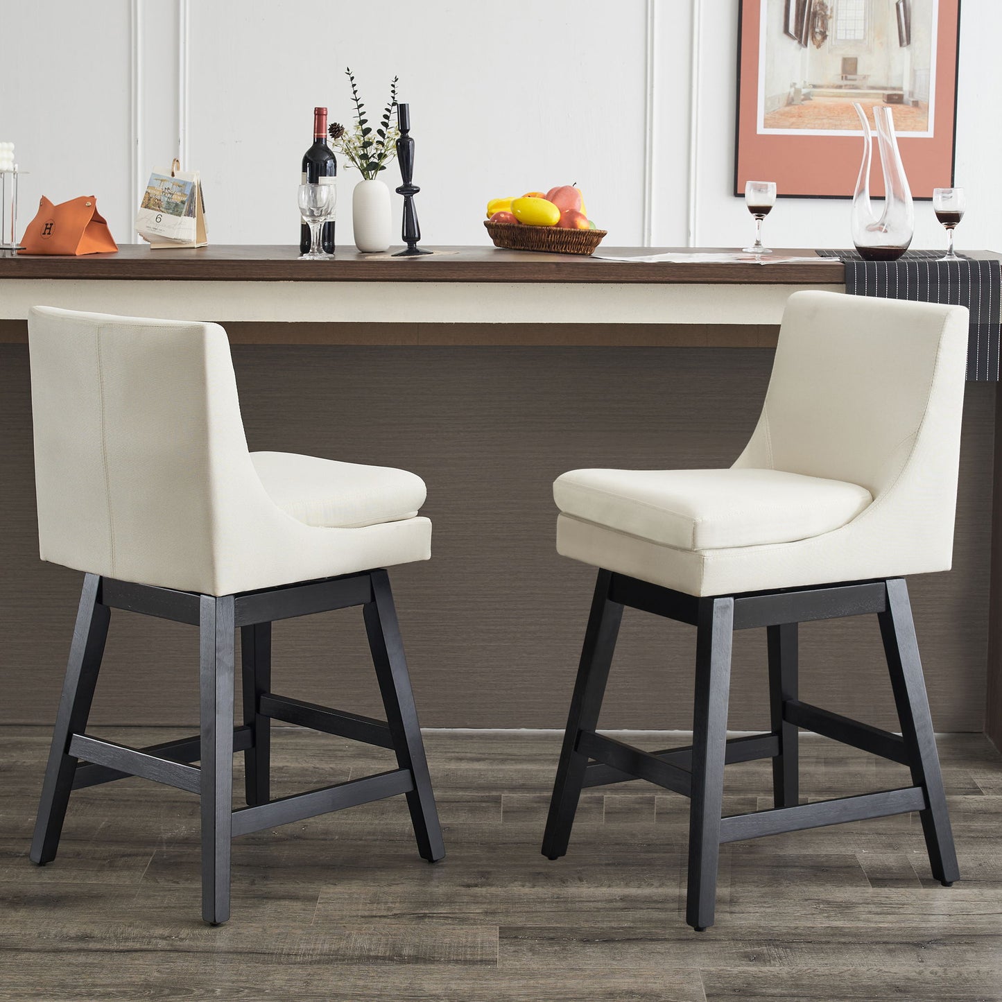 Upholstered Swivel Bar Stools With Ergonomic Design (Set of 2) - Cream White - Armand’s Maison & Marché