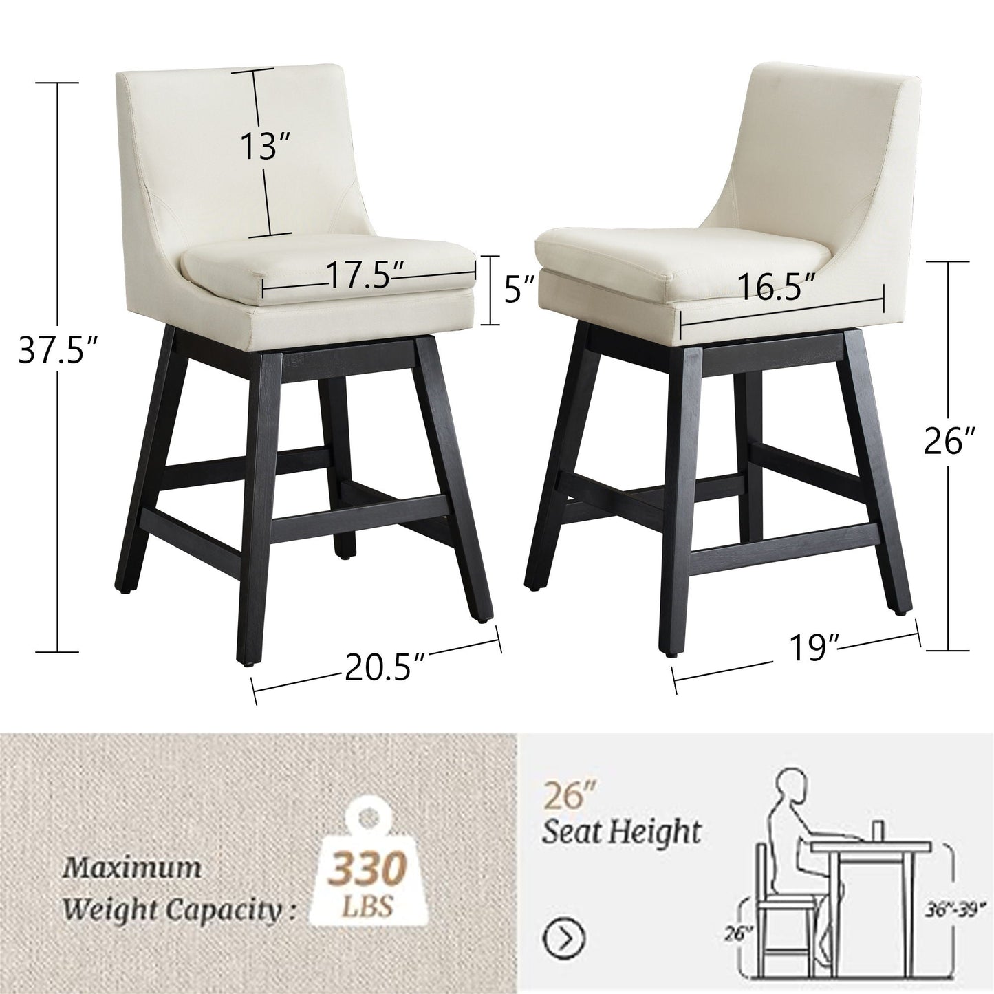 Upholstered Swivel Bar Stools With Ergonomic Design (Set of 2) - Cream White - Armand’s Maison & Marché