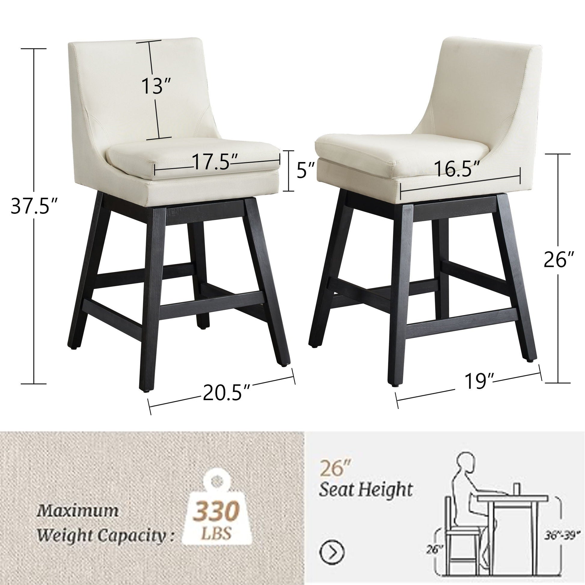 Upholstered Swivel Bar Stools With Ergonomic Design (Set of 2) - Cream White - Armand’s Maison & Marché