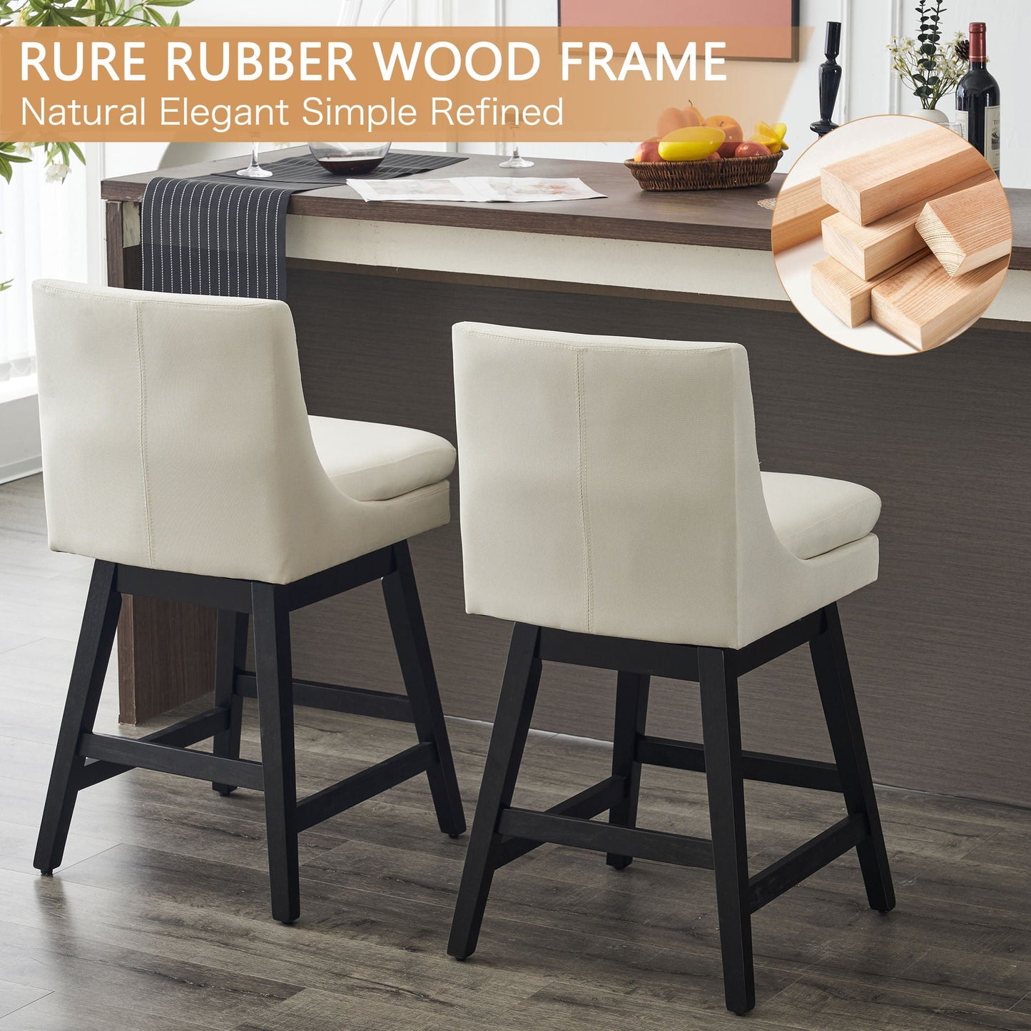 Upholstered Swivel Bar Stools With Ergonomic Design (Set of 2) - Cream White - Armand’s Maison & Marché