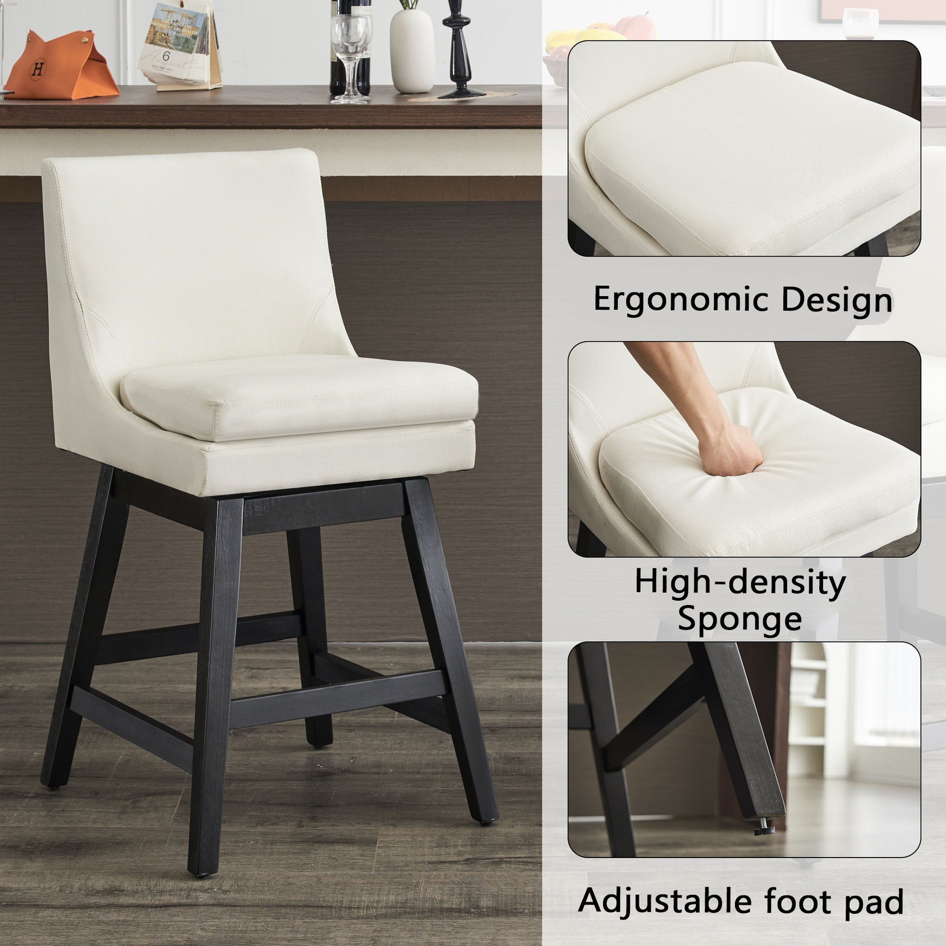 Upholstered Swivel Bar Stools With Ergonomic Design (Set of 2) - Cream White - Armand’s Maison & Marché